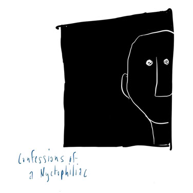 A minimalist drawing of a face with simple lines and dots for eyes on a black background, with the text "Confessions of a Nyctophile" in blue below.