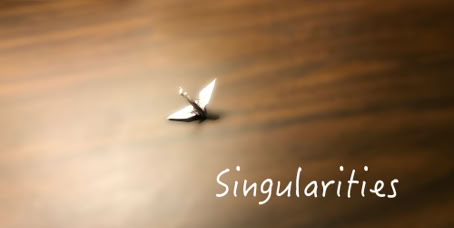 A small paper crane on a wooden surface with the word "Singularities" written in white text.
